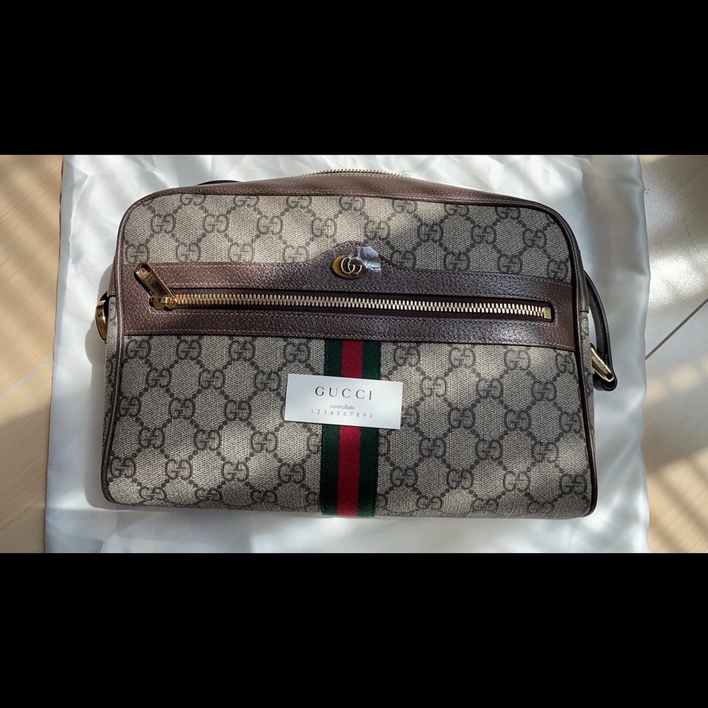 GG Supreme Monogram Web Small Ophidia Shoulder Bag Brown